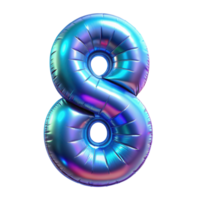 Holographic foil balloon shaped as the number 0-9. Iridescent colors on a shiny surface, perfect for celebrations, birthdays, and events. Isolated on transparent background png