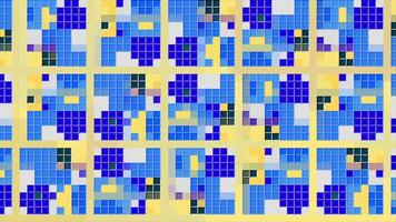 Animated 2d background of multi colored cubes and squares. Motion. Blue retro blinking mosaic on a beige background. video