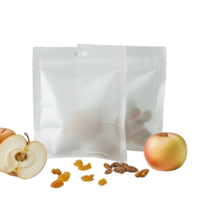 Front view of an empty white packaging pouch on a soft gray surface on transparent background png