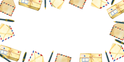 World Post Day. Rectangular frame made of envelopes and letters, stationery. All elements are hand-painted with watercolors. Suitable for printing on fabric, paper, scrapbooking png