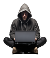 Hacker or Man with Hoodie Using Laptop Isolated on Transparent Background png