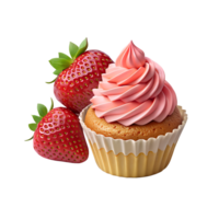 a cupcake with strawberry frosting on top and two strawberries png