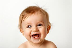 Cute one year old baby laughing on white background. Child emotions concept. illustration. photo