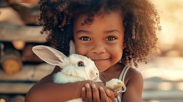 Portrait of a beautiful smiling little black girl holding a white rabbit. illustration. photo