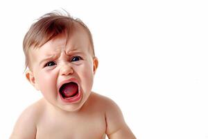 One year old baby crying and screaming on white background. Child emotions concept. illustration. photo