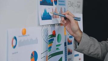 Business meeting time,business account managers crew working with new startup project,report analysis cost graph on desk at meeting room. video
