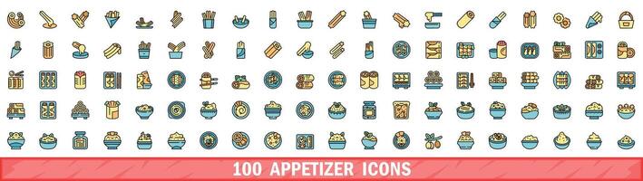 100 appetizer icons set, color line style vector