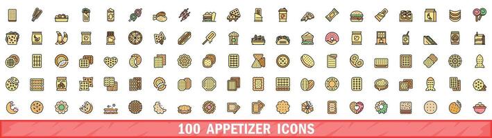 100 appetizer icons set, color line style vector