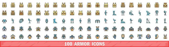 100 armor icons set, color line style vector