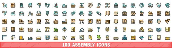 100 assembly icons set, color line style vector