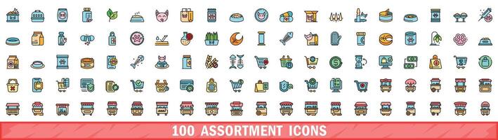 100 assortment icons set, color line style vector