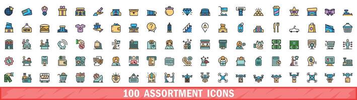 100 assortment icons set, color line style vector