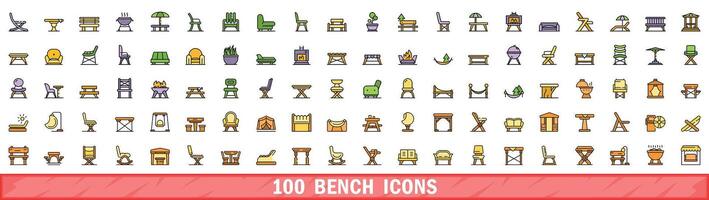 100 bench icons set, color line style vector