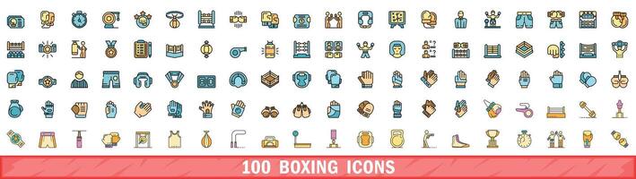 100 boxing icons set, color line style vector