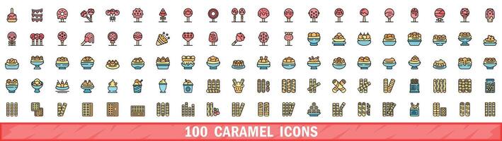 100 caramel icons set, color line style vector