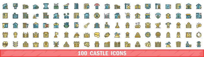 100 castle icons set, color line style vector