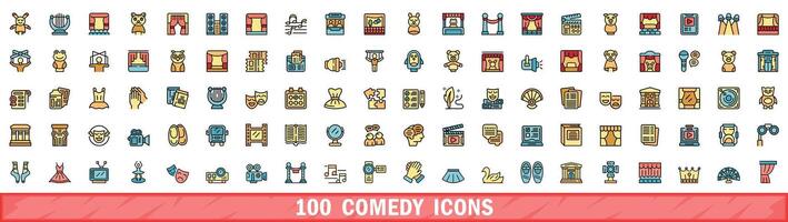 100 comedy icons set, color line style vector