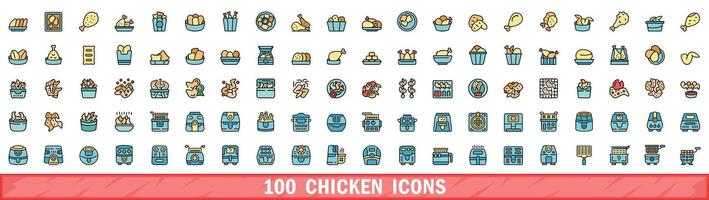 100 chicken icons set, color line style vector