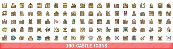 100 castle icons set, color line style vector