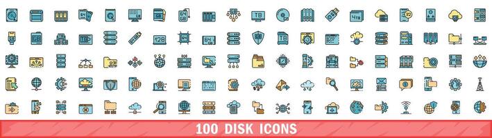 100 disk icons set, color line style vector