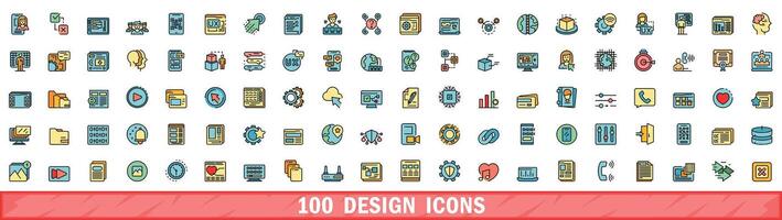 100 design icons set, color line style vector