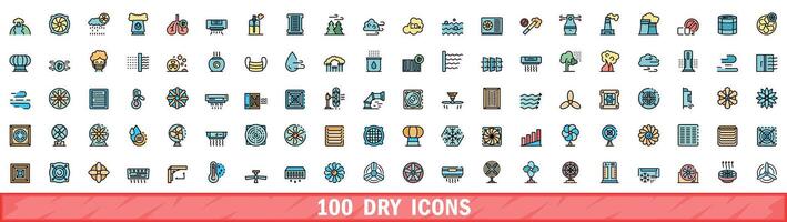 100 dry icons set, color line style vector