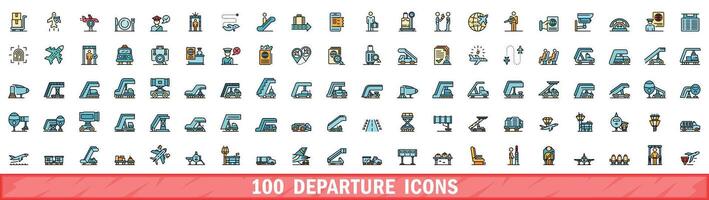 100 departure icons set, color line style vector