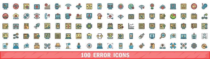 100 error icons set, color line style vector