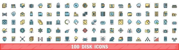 100 disk icons set, color line style vector