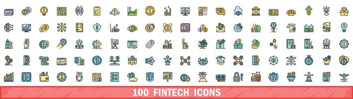 100 fintech icons set, color line style vector