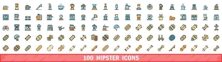 100 hipster icons set, color line style vector