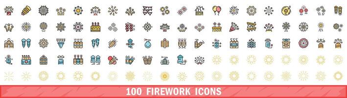100 firework icons set, color line style vector