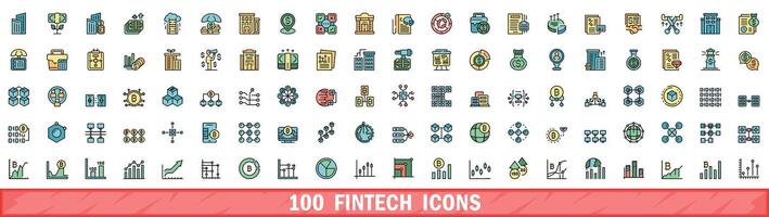100 fintech icons set, color line style vector