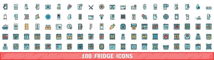100 fridge icons set, color line style vector