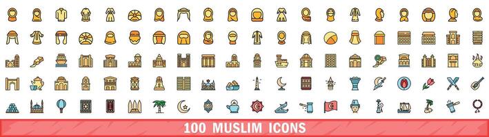 100 muslim icons set, color line style vector