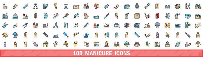 100 manicure icons set, color line style vector