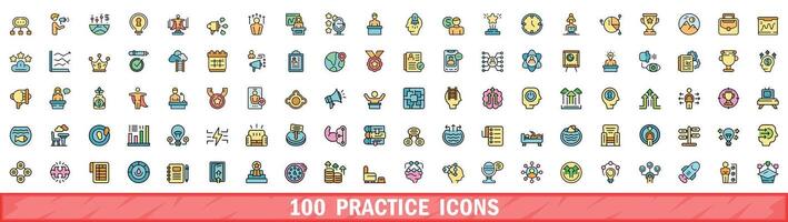 100 practice icons set, color line style vector