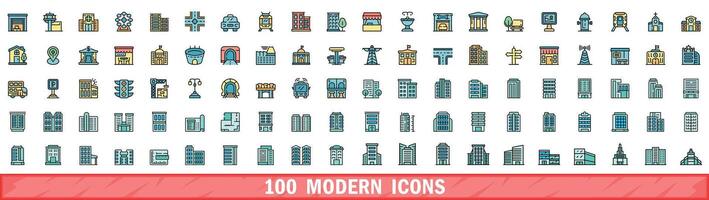 100 modern icons set, color line style vector