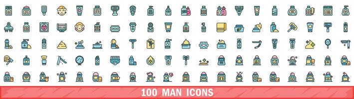 100 man icons set, color line style vector