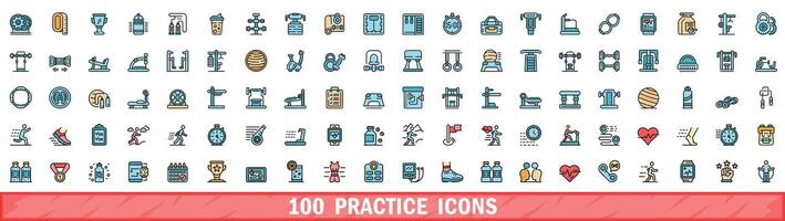 100 practice icons set, color line style vector