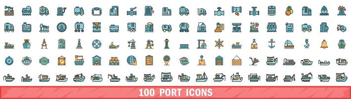 100 port icons set, color line style vector