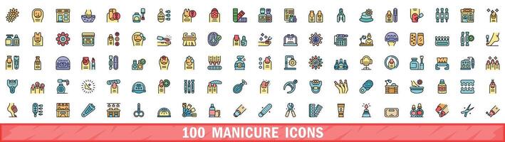 100 manicure icons set, color line style vector