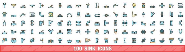 100 sink icons set, color line style vector