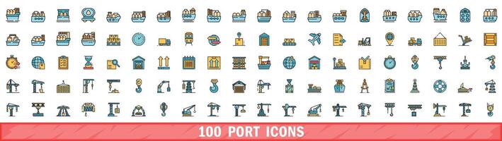 100 port icons set, color line style vector