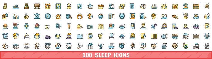 100 sleep icons set, color line style vector