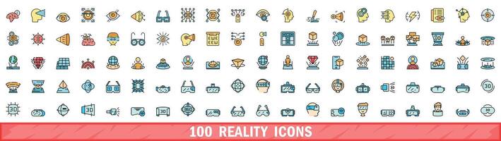 100 reality icons set, color line style vector