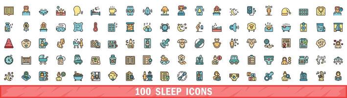 100 sleep icons set, color line style vector