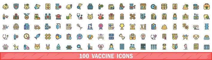 100 vaccine icons set, color line style vector
