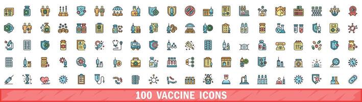 100 vaccine icons set, color line style vector