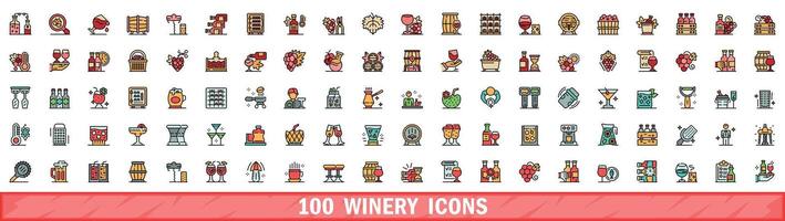 100 winery icons set, color line style vector